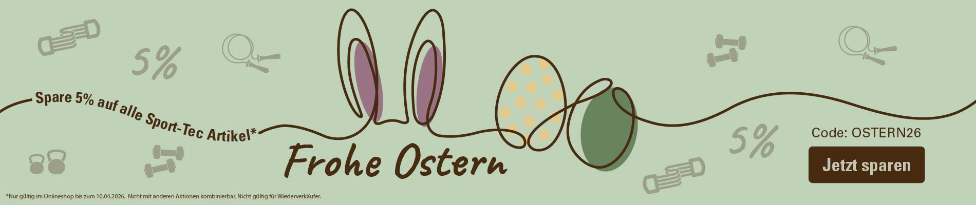 Aktionsbanner: Bei der Sport-Tec Osteraktion gibt es 5% Rabatt auf alle Sport-Tec Artikel