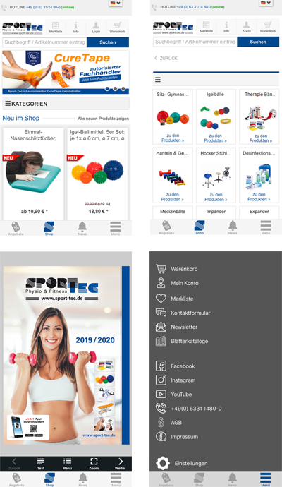 Vorschau der Sport-Tec App mit diversen Screenshots