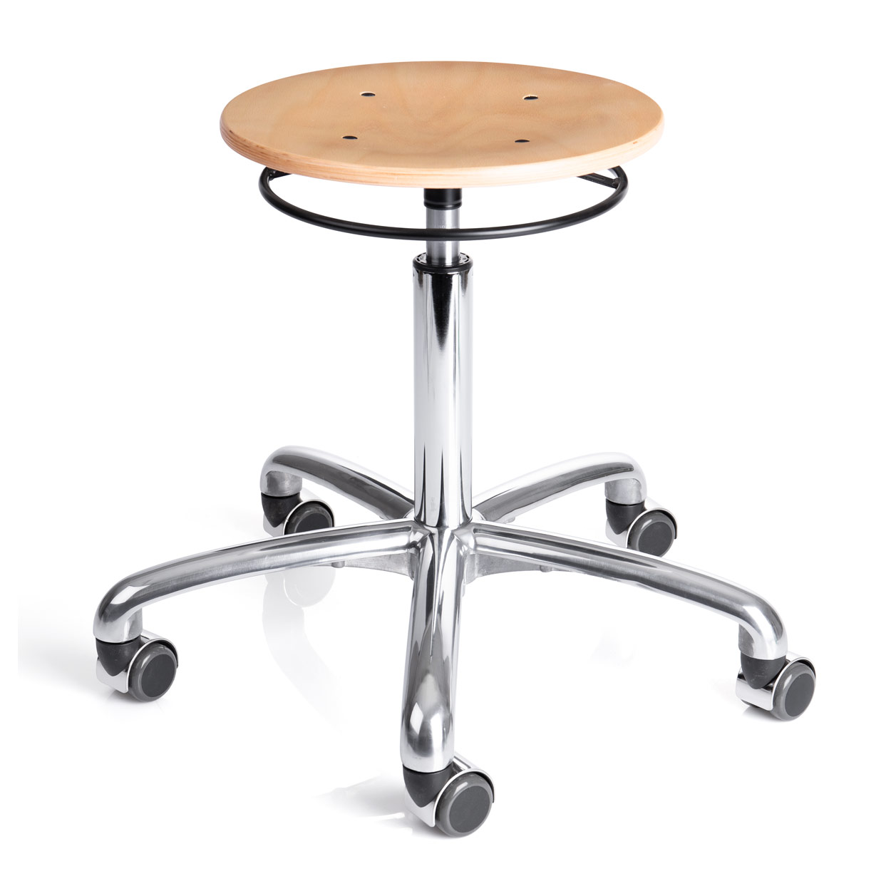 Drehhocker Exklusiv mit Holz-Sitzfläche und Rollen<br> Rollhocker Arbeitshocker