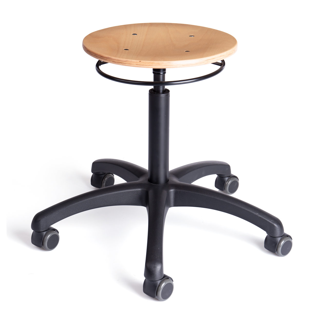 Sattelhocker Standard mit Holzsitzfläche und Rollen<br> Rollhocker