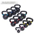 Abbildung zeigt Sport-Tec Kettlebell-Set Powdercoated, 12 Kettlebells 2-32 kg, inkl. Ablage