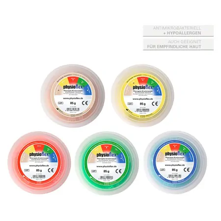 Physioflex Therapie-Knetmasse-Set, 5-tlg., 85 g, je 1x extra weich, weich,mittel, hart, extra hart