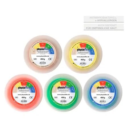 Physioflex Therapie-Knetmasse-Set, 5-tlg., 450 g, je 1x extra weich, weich,mittel, hart, extra hart