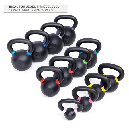 Sport-Tec Kettlebell-Set Powdercoated, 12 Kettlebells 2-32 kg, inkl. Ablage