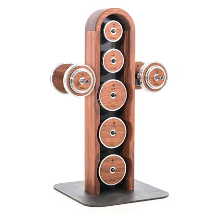 NOHrD WeightPlate Tower 2x Kurzhanteln, 1x Langhantel 20x Hantelscheiben, Nussbaum
