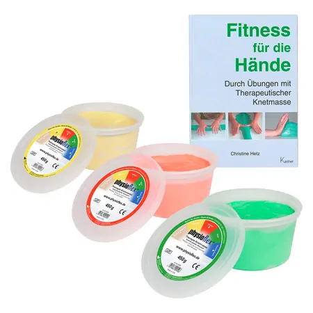 Physioflex Therapie-Knetmasse, Set: 450 g, soft, medium, strong, inkl. Buch