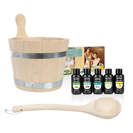 Sauna Starter-Set 8-tlg., Aufgusskbel + Schpfkelle + 5 versch. Saunadfte  50 ml