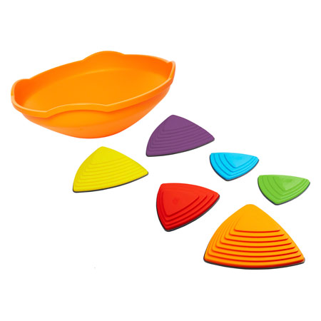 Gonge Spielkreisel Mini Top, orange + Fluss-Steine, 3x groß + 3x klein, Set 7-tlg.
