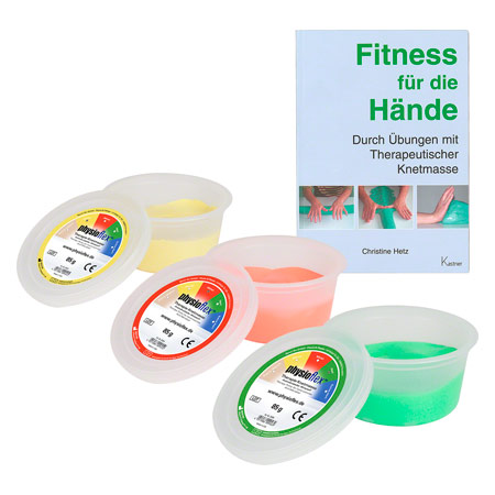 Physioflex Therapie-Knetmasse, Set: 85 g, soft, medium, strong, inkl. Buch