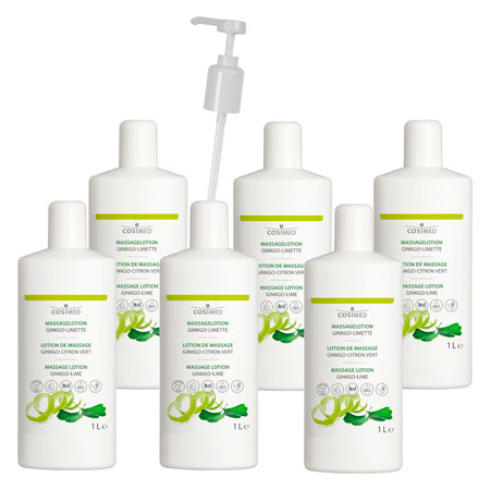 cosiMed Massagelotion-Set 6x Massagelotion Ginkgo-Limette 1 l, inkl. Dosierpumpe